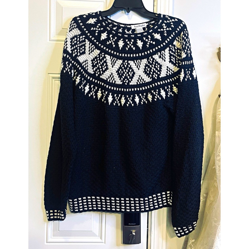 Vintage Fair Isle Nordic Sweater Black White Cotton Ramie Medium Ann Taylor Sz M